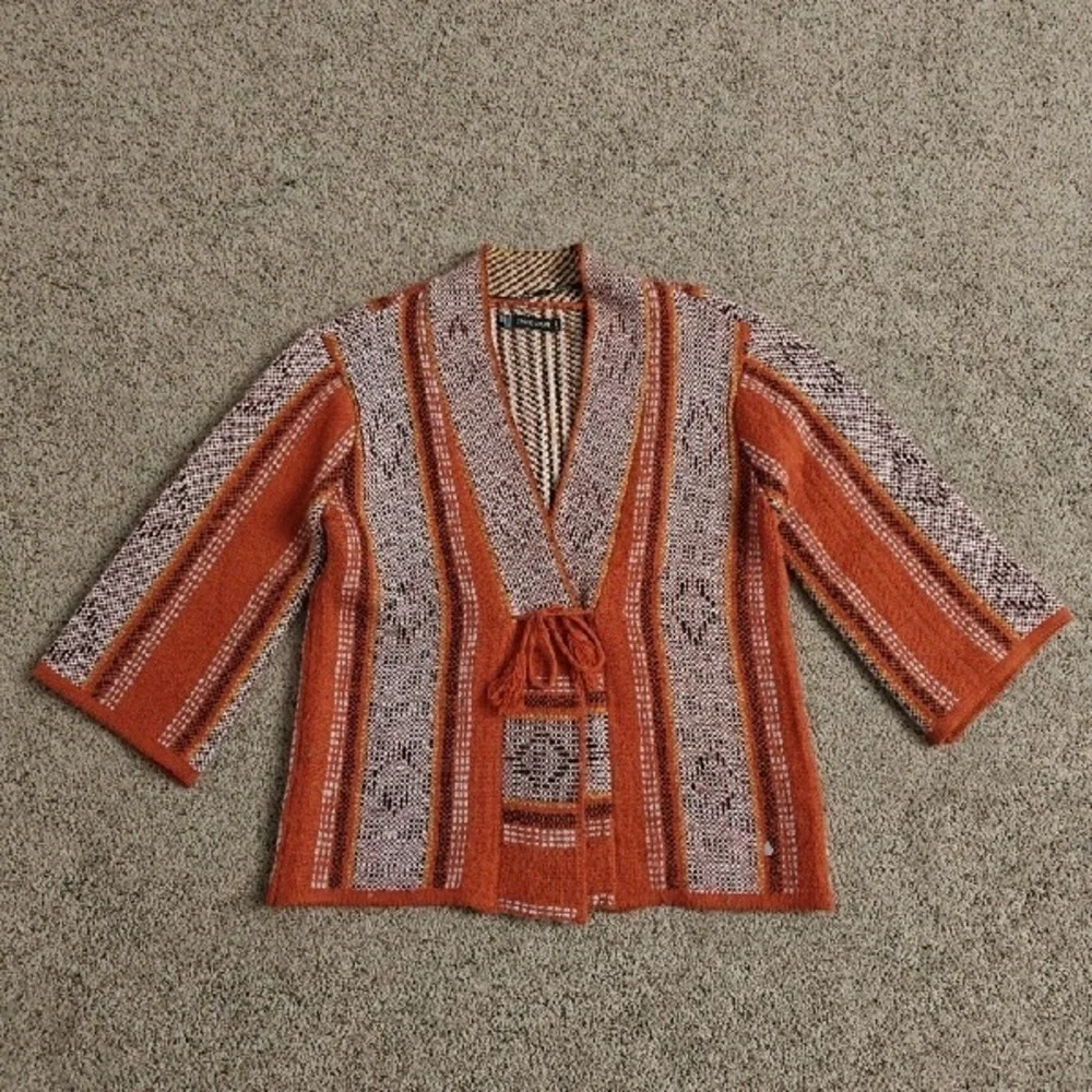 STONE ROW Womens Orange Geometric Pattern Kimono‎ Cardigan Tassel Tie Size S